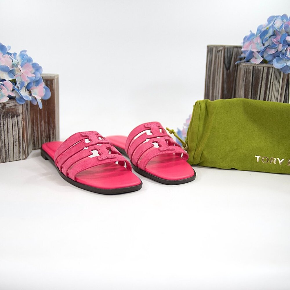 Tory Burch Ines Fuschia Pink Suede Leather Cage Slide Sandals Size 6 NIB $250